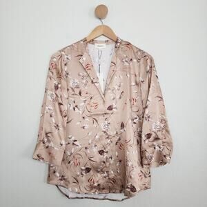 L'Agence Aoki 100% Silk Satin Floral Button-Down Blouse Beige 3/4 Sleeve XS